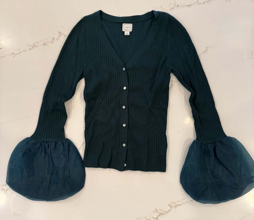 Maeve V-Neck Ribbed Knit Cardigan with Sheer Bell Sleeves